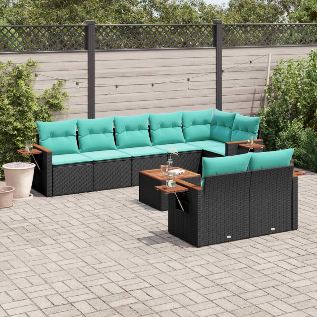 9-delige Loungeset met kussens poly rattan zwart